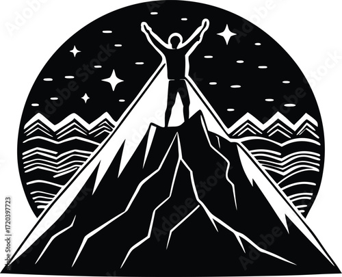 Person Reaching Top Of Mountain Silhouette | Achievement Vector Illustration