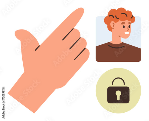 Raised hand gesture pointing up, a user avatar, and a lock icon. Ideal for user authentication, account settings, privacy, decision-making, access control, cybersecurity simple flat metaphor