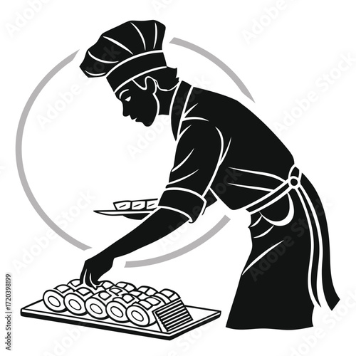 Chef arranging sushi platter silhouette