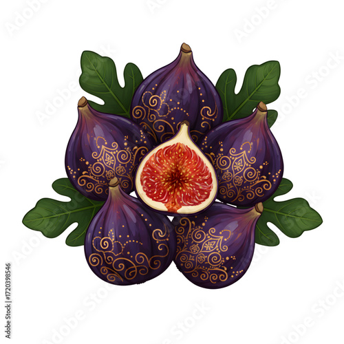 Fresh ripe figs with green leaves isolated on white background