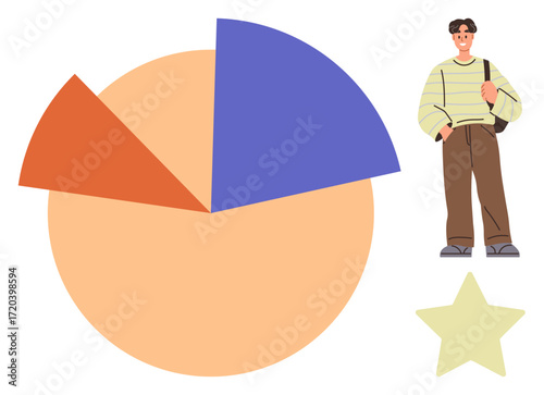 Young person near a pie chart with orange, blue, and peach segments and a star. Ideal for data representation, analytics, personal growth, education, achievement feedback evaluation. Simple flat
