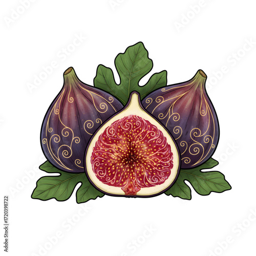 Fresh ripe figs with green leaves isolated on white background