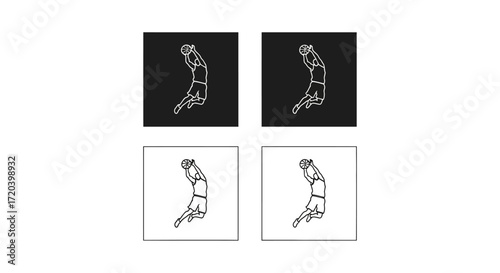 Slam dunk action pose of a basketball athlete, a clean and simple vector graphic icon set for sports design