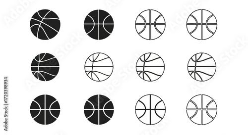 A versatile set of basketball graphic elements, featuring twelve unique icons in both filled and outlined vector styles, isolated on a white background