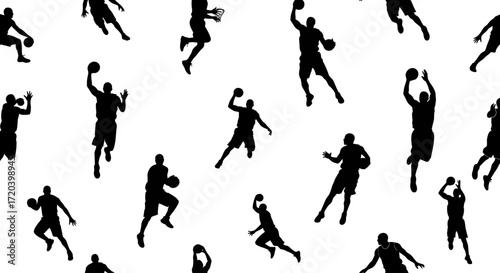 A repeating pattern of black silhouettes depicting basketball players in various action poses, dribbling, jumping, and shooting against a white background.