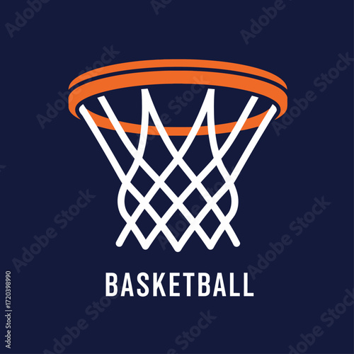 Simple graphic design of a basketball hoop and net against a dark background.