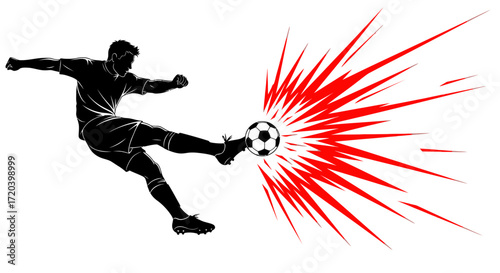 Powerful soccer player kicking ball, dynamic action, explosive impact, black silhouette.