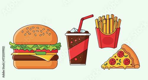 Delicious Fast Food Feast Burger, Drink, Fries & Pizza Temptations