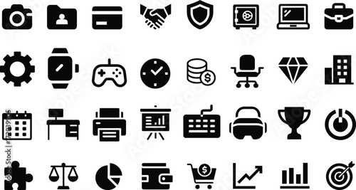 Business and Office Icons with Finance, Technology, and Success Symbols camera photo