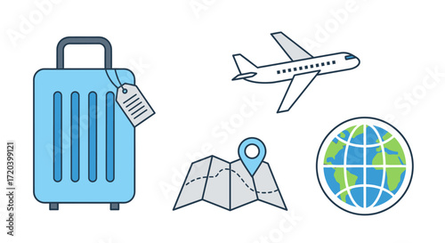 Essential travel and vacation icons including a suitcase, airplane, map, and globe, symbolizing global journeys, exploration, and adventure planning for your next getaway