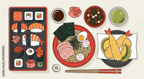 A delightful spread of classic Japanese cuisine, including fresh sushi, savory ramen, and crispy tempura, viewed from above as a flat lay illustration