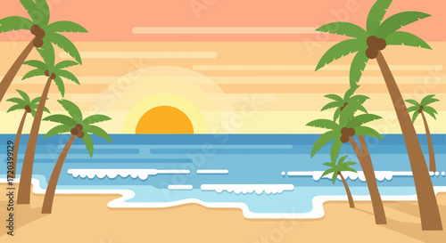 Tranquil tropical beach landscape with coconut palm trees and a beautiful orange sunset over the serene ocean