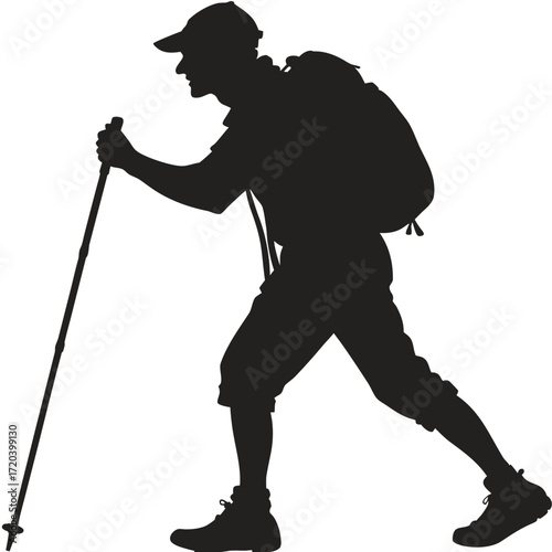 Hiker leaning on walking pole silhouette