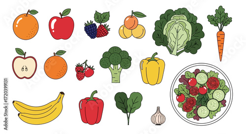 A vibrant collection of fresh, healthy fruits and vegetables, showcasing a colorful array of nature's bounty for a balanced diet