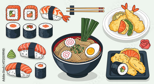 Japanese Cuisine Sushi, Ramen, and Tempura Illustration