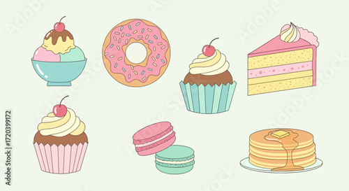 A delightful collection of sweet treats and desserts including ice cream, donuts, cupcakes, macarons, cake, and pancakes