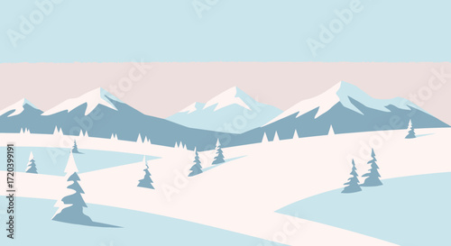 Stylized winter landscape illustration with serene snow-capped mountains, rolling snowy hills, and minimalist evergreen trees under a soft pastel sky, depicting nature's tranquility