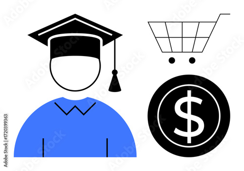 Graduate wearing mortarboard beside shopping cart and dollar symbol highlights education expenses, affordability, economic decision-making. Ideal for finance, scholarships, e-learning, budgeting