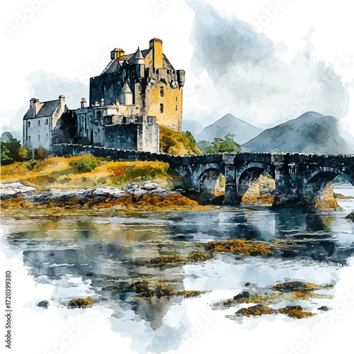 Scottish Historic Castle, watercolor vector, isolated on a white background.