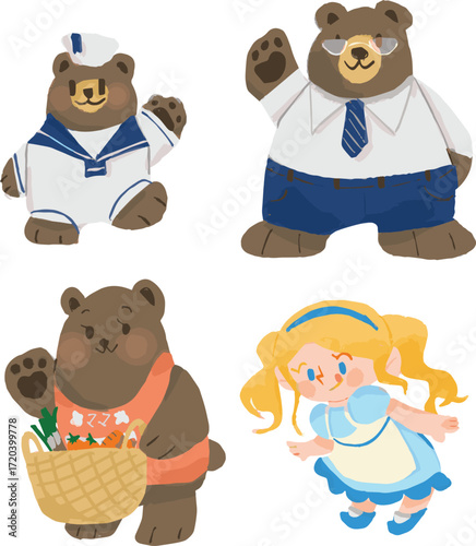 drawing of A set of four teddy bears, each with a different outfit and pose illustration