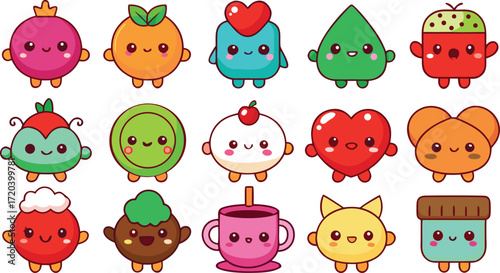 Collection of cute kawaii food and fruit characters Keywords: kawaii, cute, food, fruit