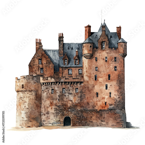 Scottish Historic Castle, watercolor clipart vector, isolated on a white background.