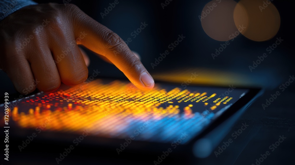 Fototapeta premium Focused medium shot of digital heatmaps on a tablet screen with finger pointing emphasizing user interaction patterns to enhance sales strategies.