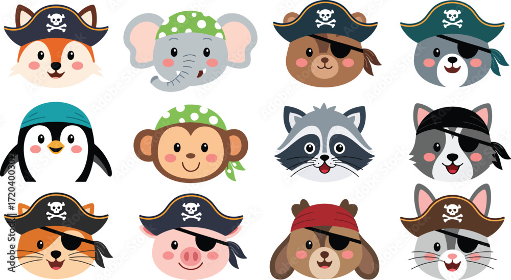 Obraz premium Cute cartoon animals dressed as pirates with eye patches and hats Keywords: pirate, animal