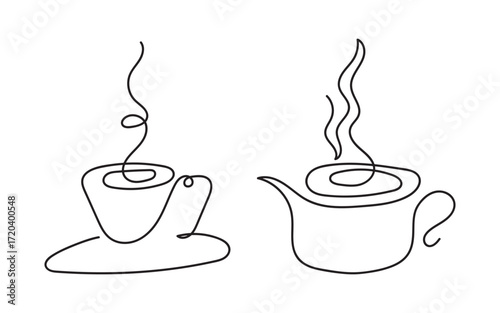 Tea cup and pot in continuous line drawing