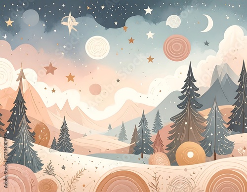 Pastel landscape with mountains, trees, and stars