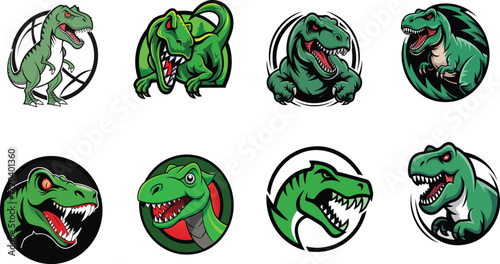 Green T- Rex Dinosaur Head and Full Body Illustrations Set T-Rex Tyrannosaurus Rex
