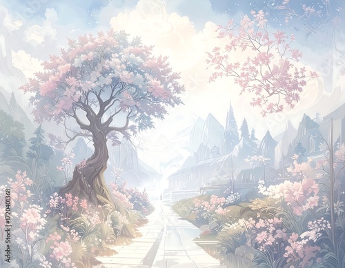 Pastel landscape with trees and buildings
