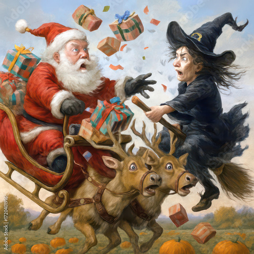 A whimsical scene where Santa Claus and a Halloween witch dramatically collide in mid-air above a vibrant autumn pumpkin patch, blending the magic of three holidays into one unforgettable momeent