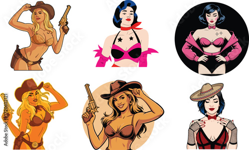 Pin-up Cowgirls and Mexican Women with Guns Cartoon Art pinup woman
