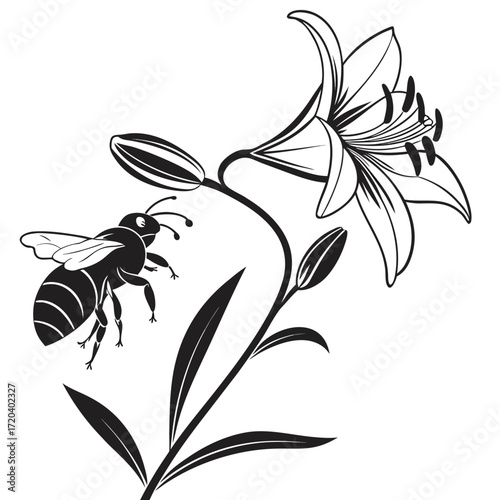 Bee collecting nectar from lily silhouette