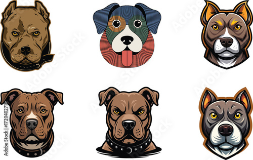 Six Stylized Dog Heads With Different Expressions And Colors pitbull bulldog