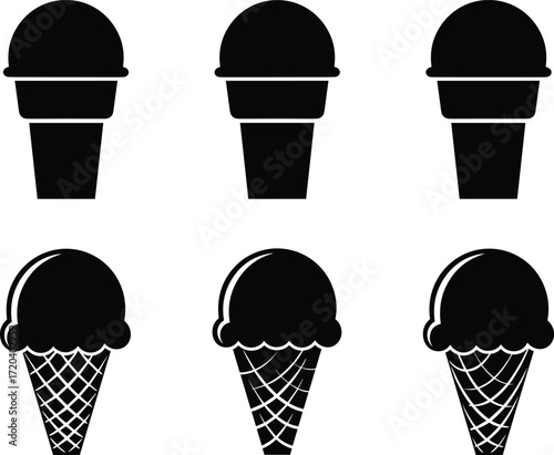 Ice cream cone silhouettes, dessert vector icons, sweet food artwork, frozen treat design, abstract snack illustration, isolated summer graphic, waffle cone