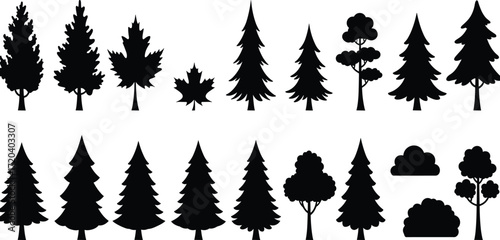 Tree and shrub silhouettes, conifer and deciduous vector set, maple leaf artwork, abstract plant design, isolated greenery illustration, botanical graphic
