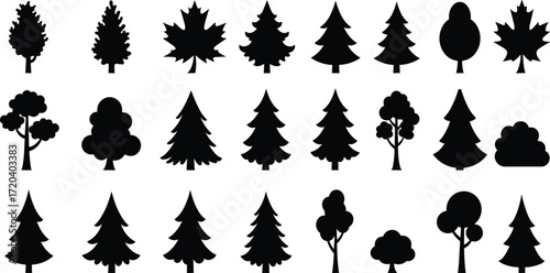 Tree silhouette icons, conifer and deciduous vector set, abstract plant artwork, decorative nature design, isolated greenery illustration, botanical tree graphic