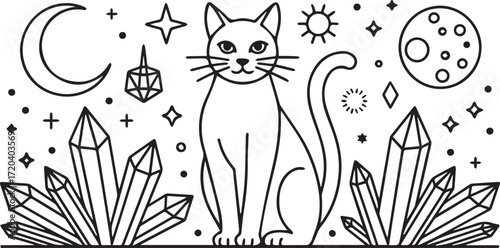 Whimsical line drawing of a cat surrounded by celestial and crystal elements Keywords: cat