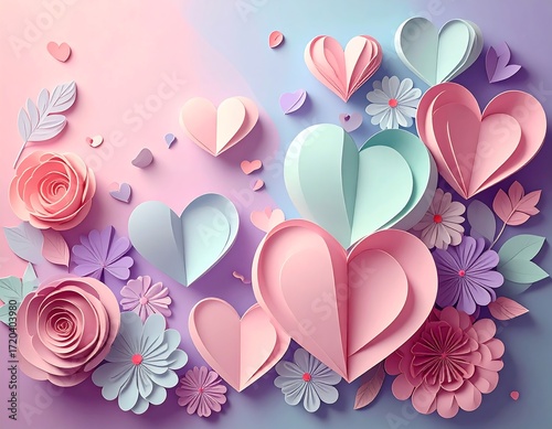 Pastel paper hearts and flowers
