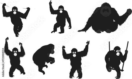 orangutan, primate, animal, silhouette, swing, climb, hang, sit, crouch, icon, vector, illustration, black, white, jungle, anatomy, behavior, wildlife, ape, design