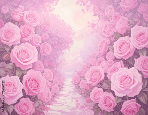 Pastel pink rose garden pathway