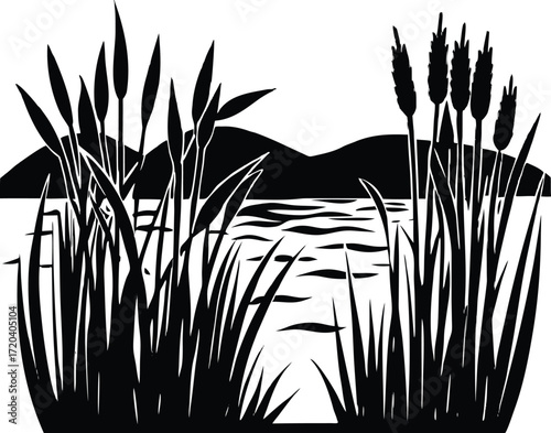 Lake Reeds Silhouette | Aquatic Plant Vector Design