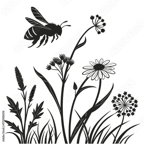 Bee buzzing above wildflowers silhouette