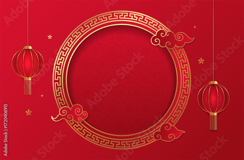 Luxurious paper cut empty round frame for Chinese New Year. Abstract 3d indented circle with clouds and glowing red lanterns. Frame with asian golden pattern. Festive asian cover. Vector EPS 10