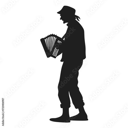 Street musician playing accordion silhouette