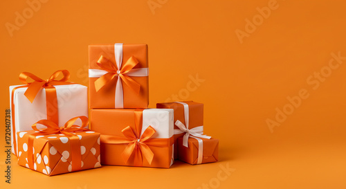 Pile of orange and white gift boxes with ribbons on orange background
