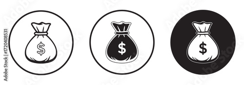 Money bag ( dollar sack ) vector icon set for finance, banking, savings, deposit, fund, revenue, economic symbols in minimal black outline, silhouette and white filled style