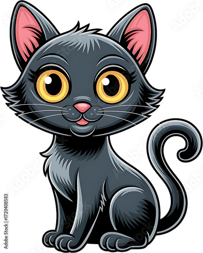 Adorable cartoon black cat with big yellow eyes and a curled tail, perfect for children's books, whimsical designs, and cute animal illustrations